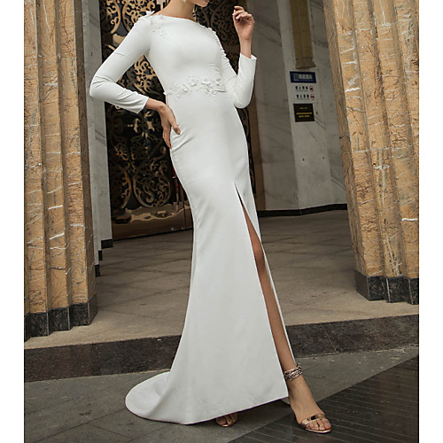 

Mermaid / Trumpet Wedding Dresses Off Shoulder Short / Mini Polyester Long Sleeve Country Plus Size with Appliques Split Front 2021