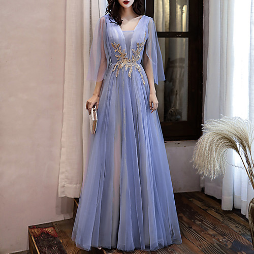 

A-Line Color Block Blue Prom Formal Evening Dress V Neck 3/4 Length Sleeve Floor Length Tulle with Appliques 2021