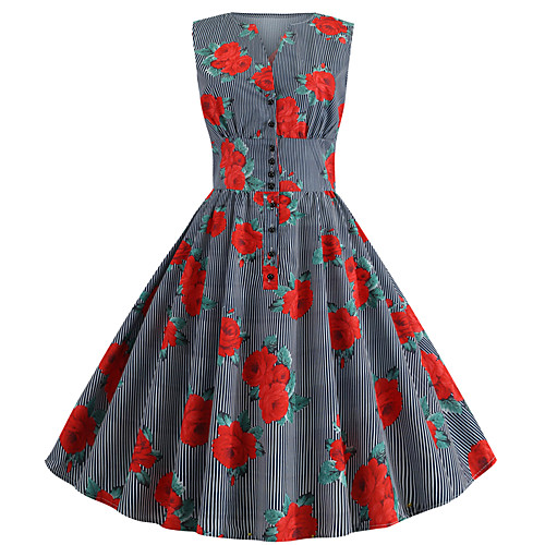 

Women's Swing Dress - Sleeveless Striped Print Patchwork Print V Neck Vintage Style Street chic Party Daily Belt Not Included Black S M L XL XXL / Cotton