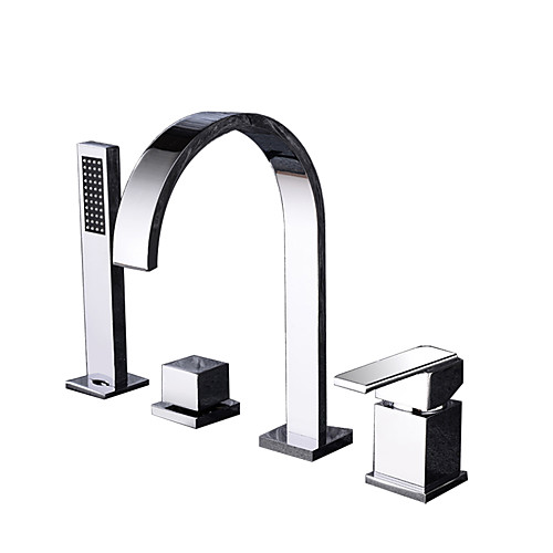 

Bathtub Faucet - Contemporary Chrome or Black Deck Mounted 4 PCS Roman Tub Ceramic Valve Bath Shower Mixer Taps