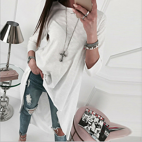 

Women's Shift Dress Short Mini Dress White Black Beige Long Sleeve Solid Color Round Neck S M L XL