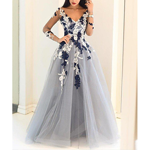 

Ball Gown Floral Engagement Prom Dress V Neck Long Sleeve Floor Length Polyester with Appliques 2021