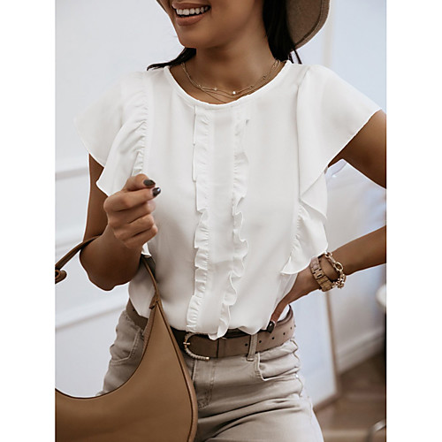 

Women's Solid Colored Ruffle Blouse Basic Daily Khaki / Beige