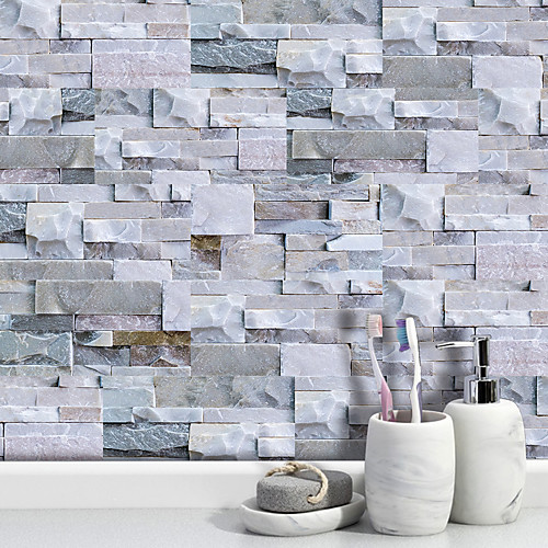 

20x10cmx9pcs Light Gray Stone Brick Wall Stickers Retro Oil-proof Waterproof Tile Wallpaper For Kitchen Bathroom Ground Wall House Decoration