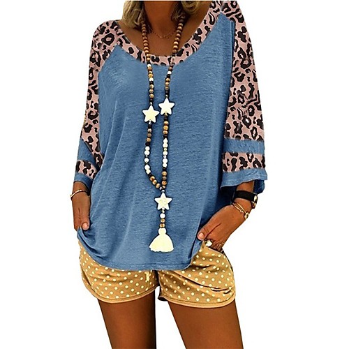 

Women's T-shirt Leopard Color Block Cheetah Print Round Neck Tops Loose Basic Top Blue Purple Yellow
