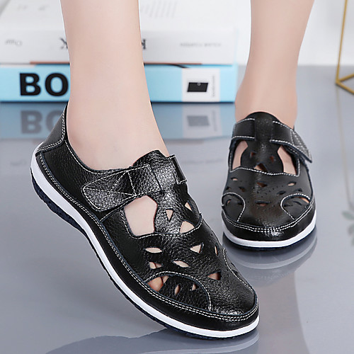 

Women's Sandals Flat Sandals 2020 Leather Sandals Fall / Spring & Summer Flat Heel Round Toe Casual Daily Solid Colored Cowhide Walking Shoes Camel / White / Black