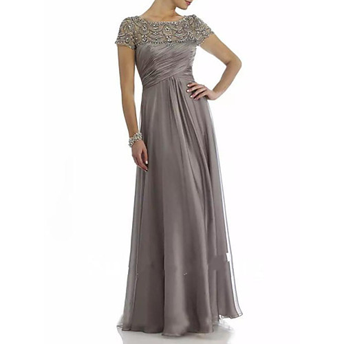 

A-Line Mother of the Bride Dress Elegant Jewel Neck Floor Length Chiffon Satin Short Sleeve with Beading Sequin Draping 2021