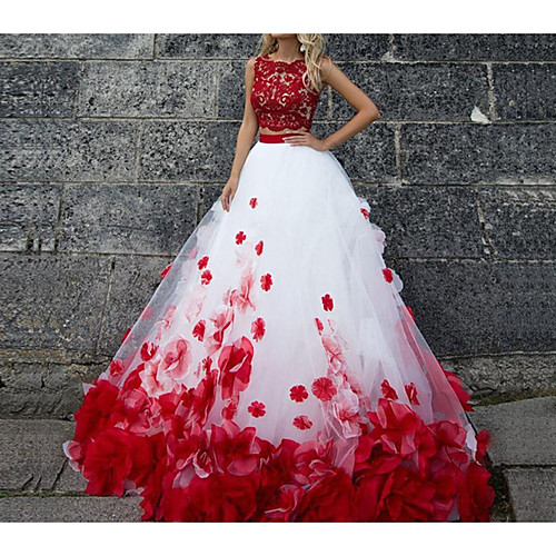 

Ball Gown Wedding Dresses Jewel Neck Sweep / Brush Train Polyester Sleeveless Country Plus Size Red with Lace Insert Appliques 2021