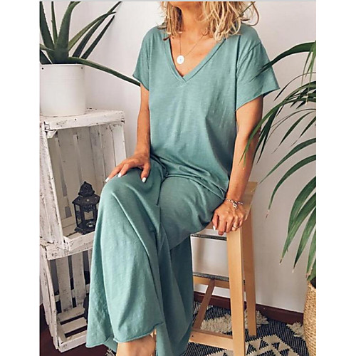 

Women's Maxi Shift Dress - Short Sleeves Solid Color V Neck Loose Navy Blue Gray M L XL XXL