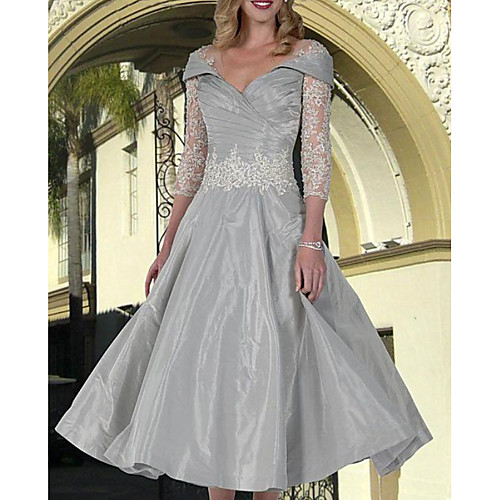 

A-Line Mother of the Bride Dress Elegant V Neck Ankle Length Chiffon Lace Satin 3/4 Length Sleeve with Lace Appliques 2021