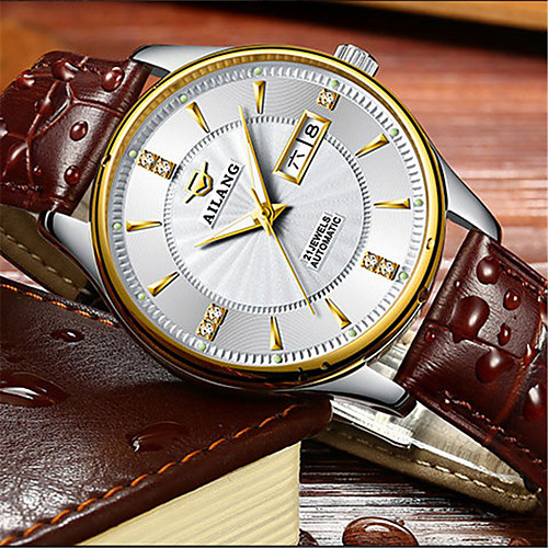 

Men's Mechanical Watch Automatic self-winding Genuine Leather 30 m Water Resistant / Waterproof Calendar / date / day Noctilucent Analog Fashion Cool - Golden / Brown BlackGloden Silver One Year