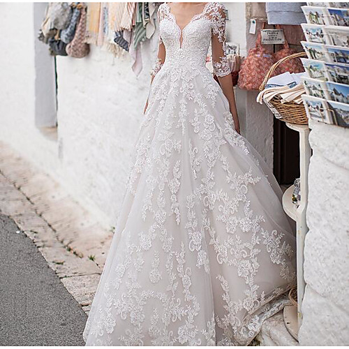 

A-Line Wedding Dresses V Neck Sweep / Brush Train Lace Half Sleeve Country Plus Size with Lace 2021