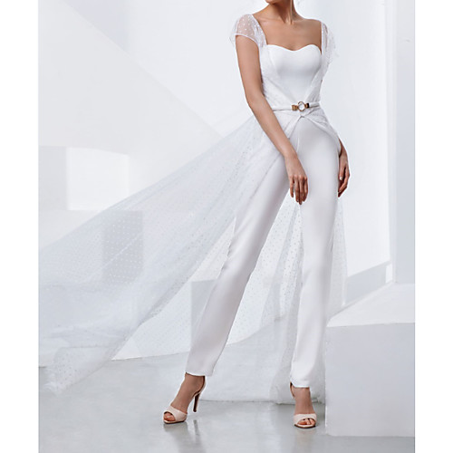 

Two Piece Jumpsuits Wedding Dresses Strapless Sweep / Brush Train Lace Stretch Satin Short Sleeve Country Plus Size with Lace Sashes / Ribbons Appliques 2021