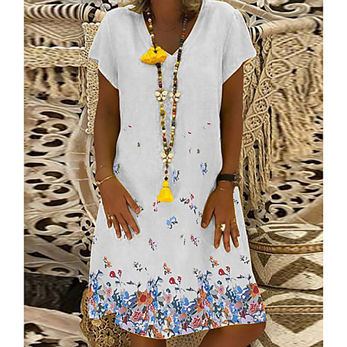 

Women's A Line Dress - Short Sleeves Print Floral V Neck White Black Blue Yellow S M L XL XXL XXXL XXXXL XXXXXL