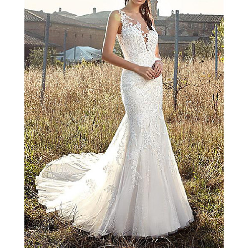 

Mermaid / Trumpet Wedding Dresses V Neck Sweep / Brush Train Lace Tulle Chiffon Over Satin Sleeveless Country Plus Size with Lace Embroidery 2021
