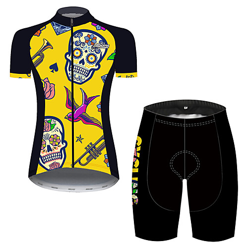 

21Grams Women's Short Sleeve Cycling Jersey with Shorts Black / Yellow Skull Floral Botanical Bike Clothing Suit Breathable Quick Dry Ultraviolet Resistant Sweat-wicking Sports Skull Mountain Bike