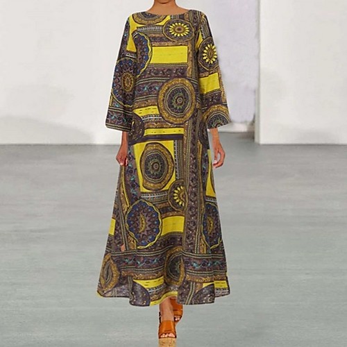

Women's Maxi Loose Dress - 3/4 Length Sleeve Print Loose Green Brown S M L XL XXL XXXL XXXXL XXXXXL