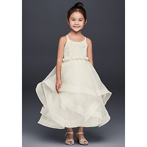 

A-Line Ankle Length Wedding Flower Girl Dresses - Tulle Sleeveless Spaghetti Strap / Jewel Neck with Tier / Solid