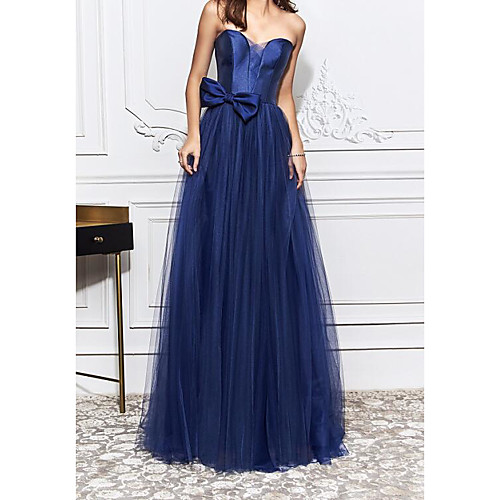

Sheath / Column Elegant Engagement Formal Evening Dress Strapless Sleeveless Sweep / Brush Train Tulle with Bow(s) 2021