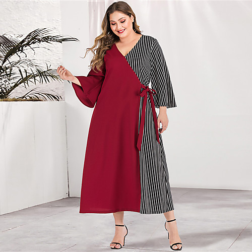 

Women's Plus Size Maxi A Line Dress - Long Sleeve Striped Color Block Solid Color Patchwork Spring & Summer V Neck Casual Elegant Daily Going out Flare Cuff Sleeve Red Green L XL XXL XXXL XXXXL
