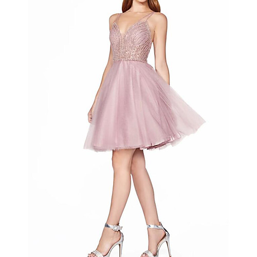 

A-Line Sparkle Homecoming Graduation Dress Spaghetti Strap Sleeveless Short / Mini Tulle with Crystals 2021