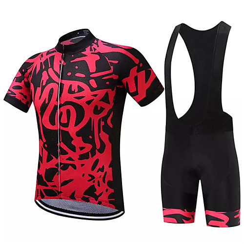 

21Grams Men's Short Sleeve Cycling Jersey with Bib Shorts Black / Red Bike UV Resistant Quick Dry Sports Patterned Mountain Bike MTB Road Bike Cycling Clothing Apparel / Stretchy