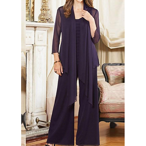 

Pantsuit / Jumpsuit Mother of the Bride Dress Elegant Jewel Neck Floor Length Chiffon Long Sleeve with Pleats 2021