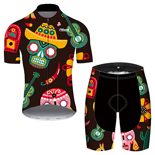 

21Grams Men's Short Sleeve Cycling Jersey with Shorts Spandex Polyester Black / Green Skull Floral Botanical Bike Clothing Suit UV Resistant Breathable Quick Dry Sweat-wicking Sports Skull Mountain