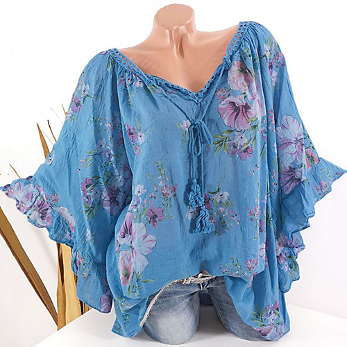 

Women's Solid Colored Ruffle Lace up Print Oversized Blouse Daily V Neck Black / Blue / Army Green