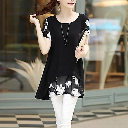 

Women's Blouse Shirt Floral Flower Layered Patchwork Print Round Neck Tops Basic Top White Black