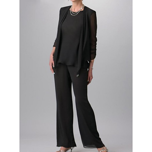 

Pantsuit / Jumpsuit Mother of the Bride Dress Elegant Jewel Neck Floor Length Chiffon 3/4 Length Sleeve with Pleats 2021