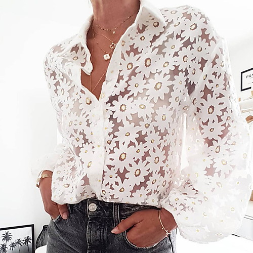

Women's Geometric Embroidered Mesh Shirt Daily Shirt Collar White