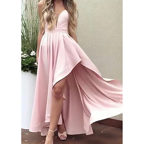 

A-Line Minimalist Party Wear Prom Dress Spaghetti Strap Sleeveless Asymmetrical Satin with Pleats 2021
