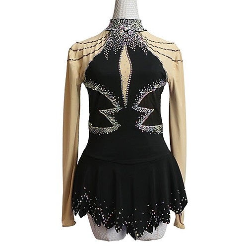 

Figure Skating Dress Women's Girls' Ice Skating Dress Black Patchwork Asymmetric Hem Spandex High Elasticity Competition Skating Wear Crystal / Rhinestone Long Sleeve Ice Skating Figure Skating