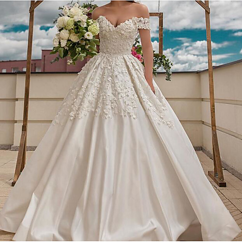 

Ball Gown Wedding Dresses V Neck Floor Length Polyester Short Sleeve Country Plus Size with Embroidery Side-Draped 2021