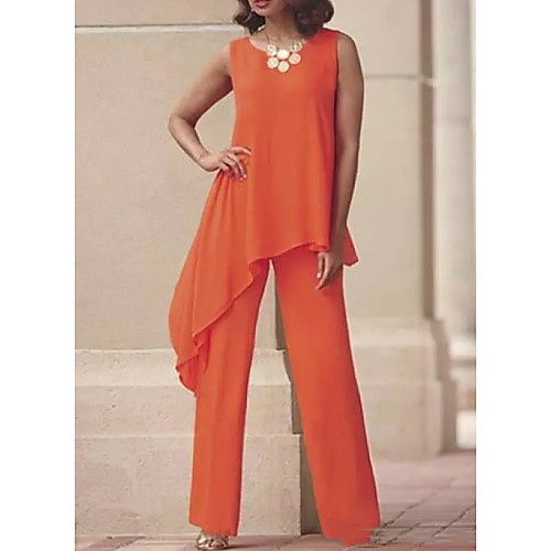 

Pantsuit / Jumpsuit Mother of the Bride Dress Elegant Jewel Neck Floor Length Chiffon Sleeveless with Pleats 2021