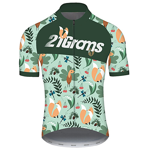 

21Grams Men's Short Sleeve Cycling Jersey Green Floral Botanical Fox Animal Bike Jersey Top Mountain Bike MTB Road Bike Cycling UV Resistant Breathable Quick Dry Sports Clothing Apparel / Stretchy