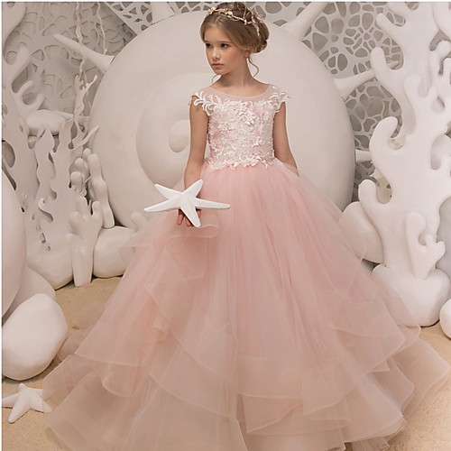 

Ball Gown Floor Length Wedding / Birthday Flower Girl Dresses - Polyester Sleeveless Jewel Neck with Ruffles / Appliques