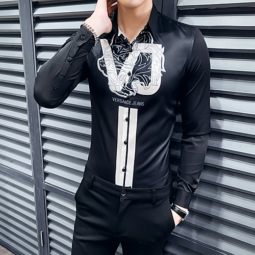 

Men's Geometric Slim Shirt Basic Daily Classic Collar White / Black / Long Sleeve