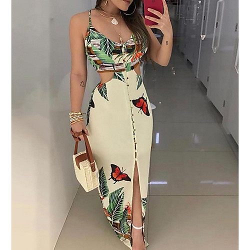 

Women's Strap Dress Maxi long Dress Beige Long Sleeve Print Hot S M L XL