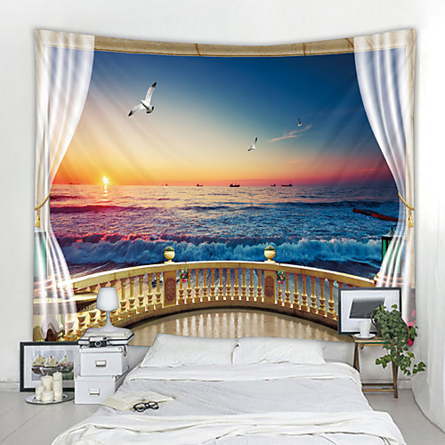 

Window Landscape Wall Tapestry Art Decor Blanket Curtain Picnic Tablecloth Hanging Home Bedroom Living Room Dorm Decoration Polyester Sea Ocean Beach Sunset Sunrise Bird