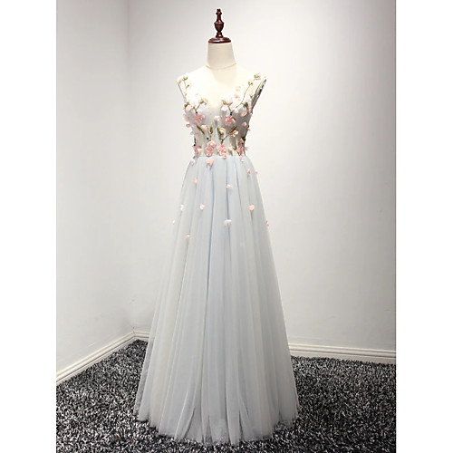 

A-Line White Floral Engagement Prom Dress Illusion Neck Sleeveless Floor Length Tulle with Pleats Appliques 2021