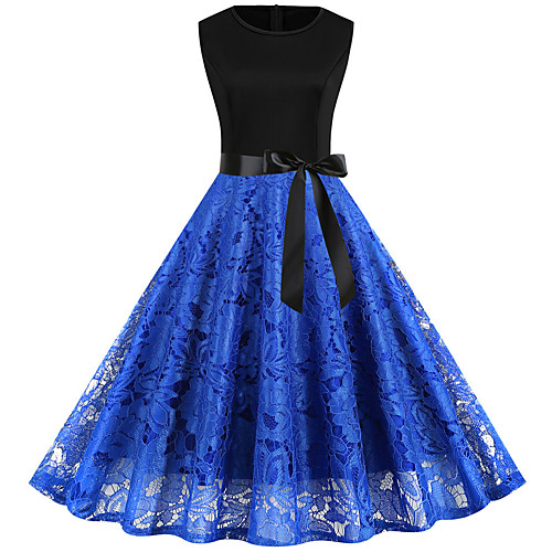 

Women's A Line Dress Knee Length Dress Black Blue Red Wine Green Sleeveless Solid Color Lace up Lace Patchwork Summer Round Neck Vintage 2021 S M L XL XXL 3XL
