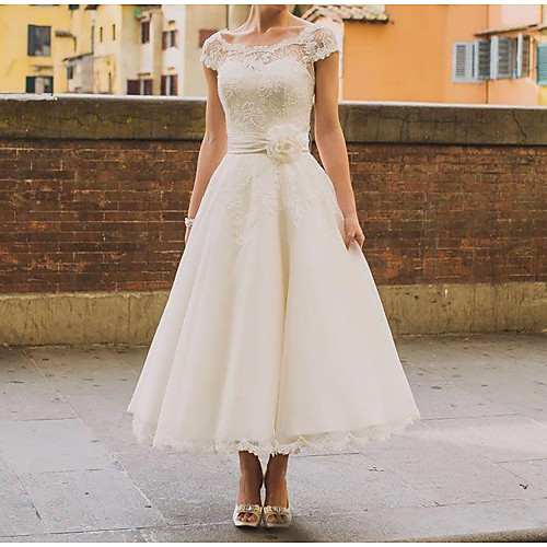 

A-Line Wedding Dresses Jewel Neck Ankle Length Polyester Short Sleeve Vintage Plus Size with Sashes / Ribbons Lace Insert 2021
