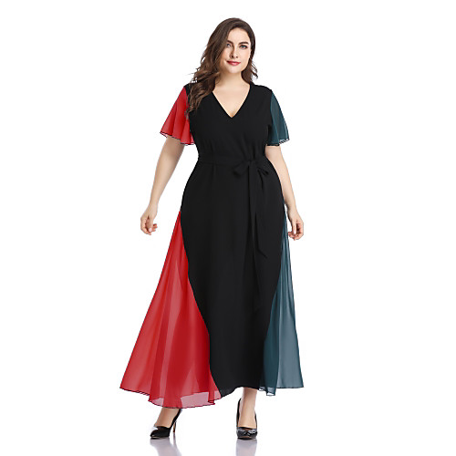 

Women's Maxi A Line Dress - Short Sleeves Color Block Solid Color Bow Patchwork Spring & Summer V Neck Casual Elegant Daily Going out Flare Cuff Sleeve Loose Red XL XXXL XXXXL XXXXXL