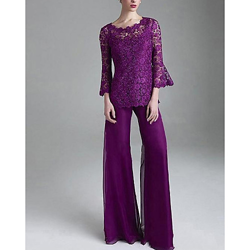 

Pantsuit / Jumpsuit Mother of the Bride Dress Elegant Scalloped Neckline Floor Length Chiffon Lace Long Sleeve with Lace 2021