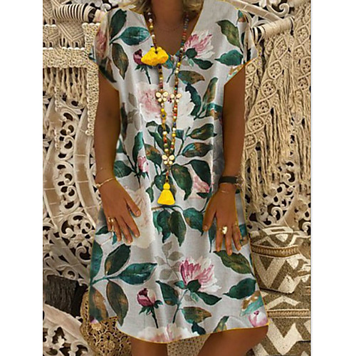 

Women's A Line Dress - Short Sleeves Floral V Neck Loose Wine White Orange Gray S M L XL XXL XXXL XXXXL XXXXXL