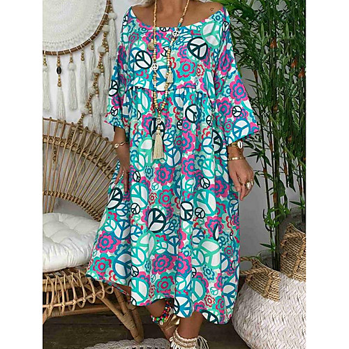 

Women's A-Line Dress Knee Length Dress - 3/4 Length Sleeve Print Blue S M L XL XXL