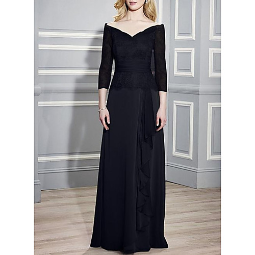 

Sheath / Column Mother of the Bride Dress Elegant V Neck Floor Length Chiffon Lace 3/4 Length Sleeve with Lace Pleats 2021