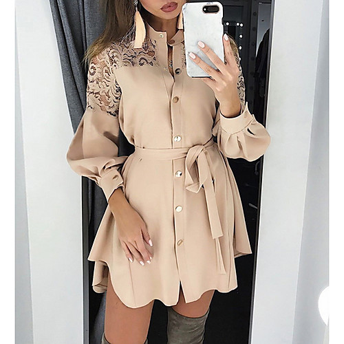 

Women's A Line Dress - Long Sleeve Solid Color Stand Khaki S M